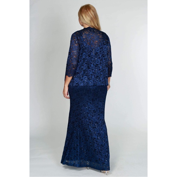 R&M Richards Long Mock Lace Jacket Dress, Navy Evening Gown, Size 6 New w/Tag - Picture 5 of 11